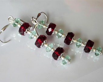 Red and Green Crystal Earrings, Elegant Glass Dangle and Drop Earrings, Summer Birthday Earrings