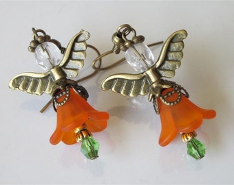 Orange Dangle Earrings, Beaded Sunrise Orange Faery, Small Fall Earrings, Handmade Jewelry, Lucite Flower Orange Fairy