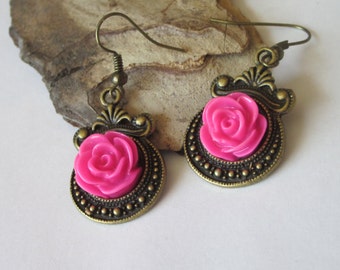 Bright Pink Flower Earrings, Hot Pink Rose Cabochon Dangle, Victorian Dangle Earrings, Rose Cameo Jewelry