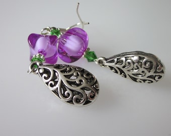 Lavender Dangle Earrings, Silver Filigree Teardrop, Beaded Purple Drop Earrings, Romantic Jewelry