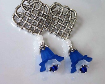 Celtic Knot Earrings, Antiqued Silver Celtic Heart, Dark Blue Flower Chandelier Earrings, Wedding Jewelry, Celtic Wedding