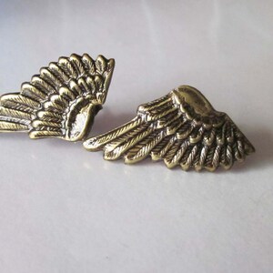 Mens Earrings, Wing Earrings, Angel Wing Stud, Antiqued Gold, Brass Metal, Post Earrings, Unisex Jewelry, Small Wings image 2