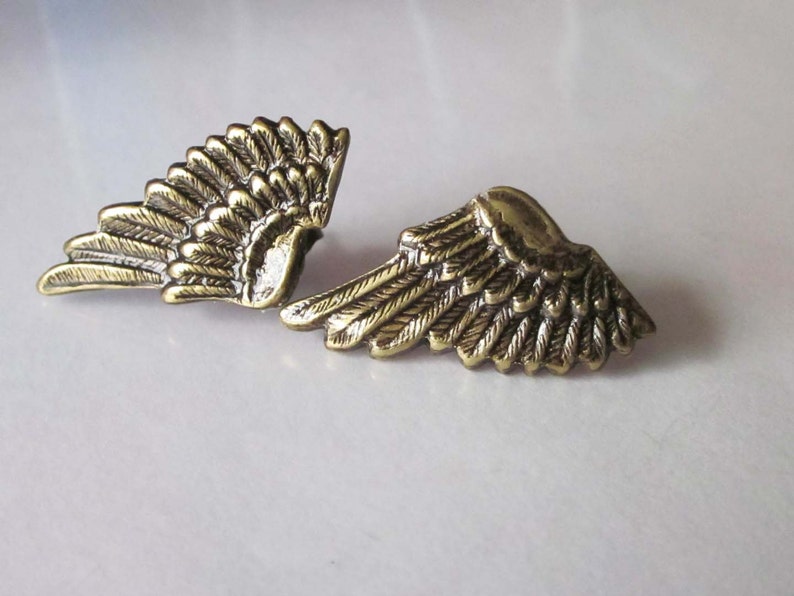 Mens Earrings, Wing Earrings, Angel Wing Stud, Antiqued Gold, Brass Metal, Post Earrings, Unisex Jewelry, Small Wings image 2