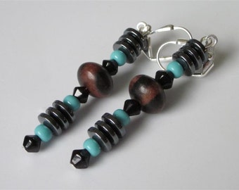 Natural Wood Modern Dangle Earrings, Black Hematite Gemstone Earrings, Tiger Ebony Wood and Stone, Elemental Earrings