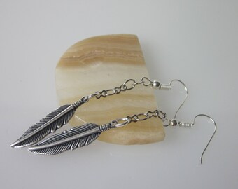 Metal Feather Earrings, Medium Silver Feather, Mens Dangle Earrings, Tribal Jewelry, Long Silver Dangle, Fish Hook Earrings