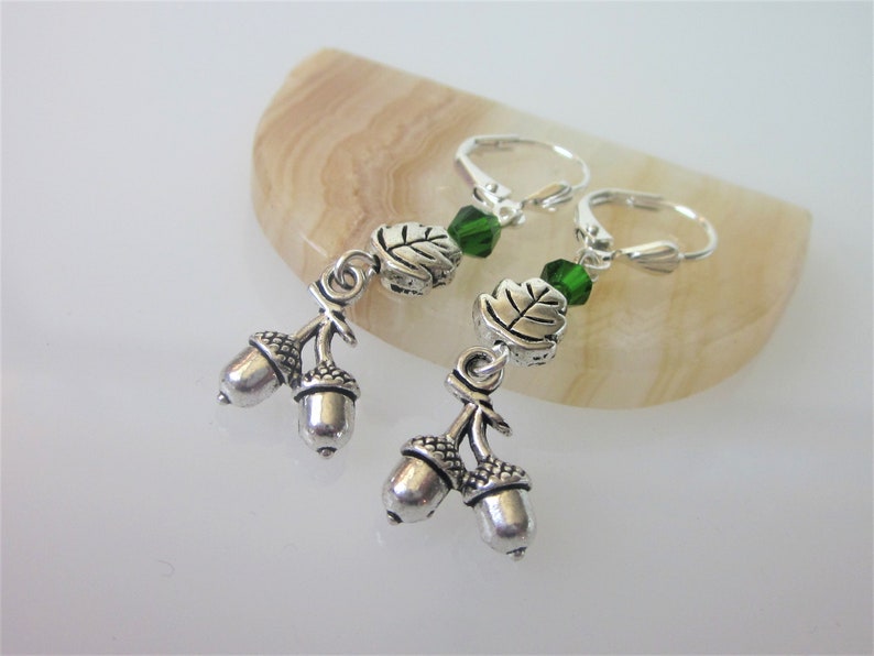 Silver Acorn Earrings, Oak Tree Acorn Dangle Earrings, Nature Jewelry, Celtic Earring Dangles, Oak Leaf image 2