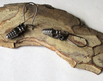 Miniature Hand Grenade Earrings, Medium Black Gunmetal Charm Earrings, Pineapple Hand Grenade, Military Explosive Weapons Earrings