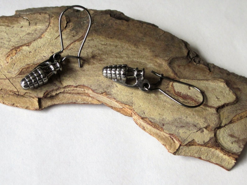 Miniature Hand Grenade Earrings, Medium Black Gunmetal Charm Earrings, Pineapple Hand Grenade, Military Explosive Weapons Earrings image 1