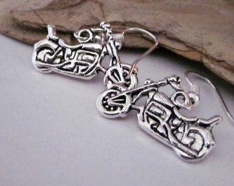 Men's Silver Motorcycle Earrings, Men's Jewelry, Small Dangle Motorcycle Charm Earrings, Harley Wanna Be