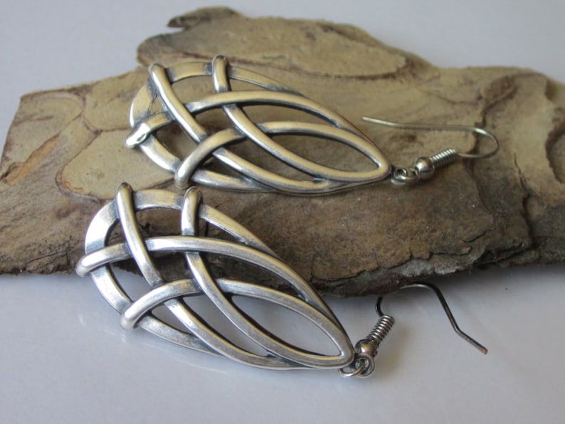 Silver Celtic Knot Earrings, Antiqued Silver Teardrop, Celtic Jewelry, Dangle Earrings, Brass Stamping image 4