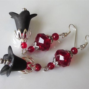 Goth Wedding Earrings, Blood Red Glass, Black Lucite Flower, Goth Chandelier, Red and Black image 1