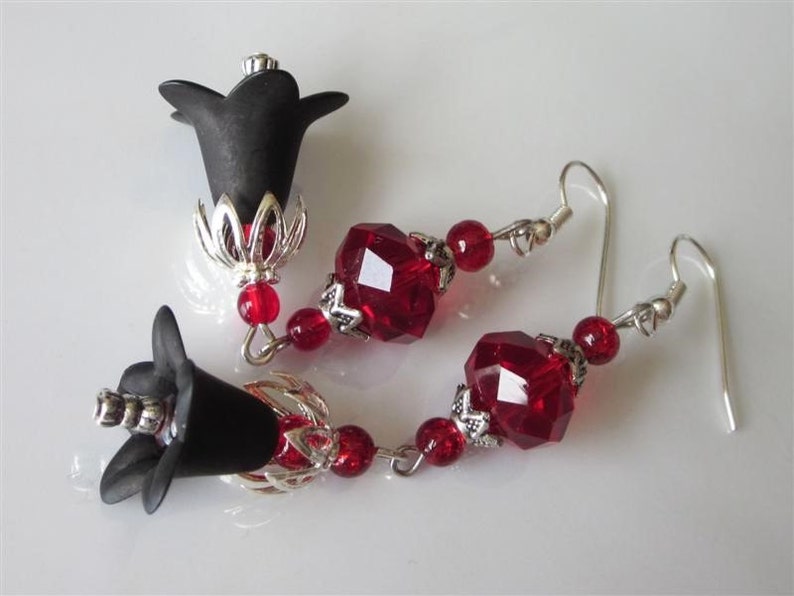 Goth Wedding Earrings, Blood Red Glass, Black Lucite Flower, Goth Chandelier, Red and Black image 1