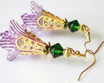 Purple Lily Earrings, Unique Floral Dangle, Violet Striped Flower Earrings, Modern Acrylic Lucite Flower, Gold Filigree