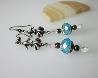 Art Nouveau Earrings, Crystal Jewelry, Antiqued Silver Chandelier Earrings, Swarovski Crystal Earrings, Blue and Silver, Nouveau Jewelry