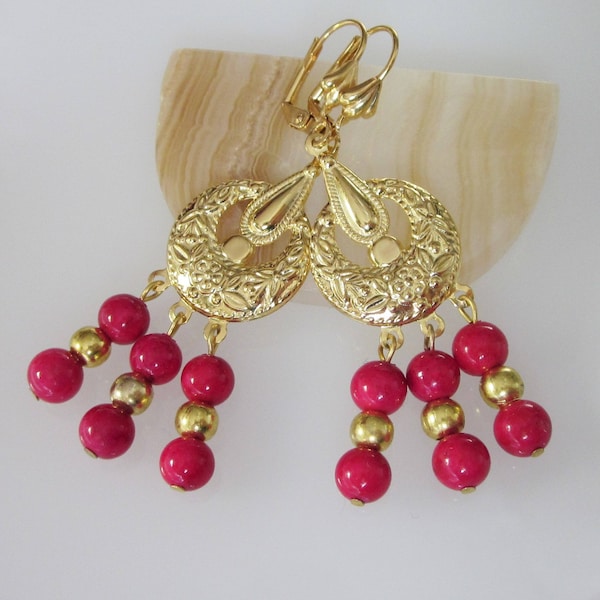 Gypsy Earrings, Bohemian Jewelry, Gold Chandelier Earrings, Raspberry Pink, Stone Beads, Fossil