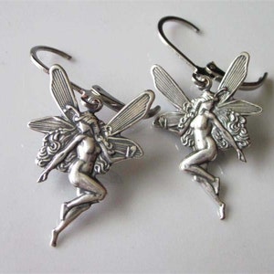 Fairy Earrings, Antiqued Silver Faerie Dangle, Leverback Faery Earrings, Brass Metal, Fairy Charm Dangle Earrings image 3