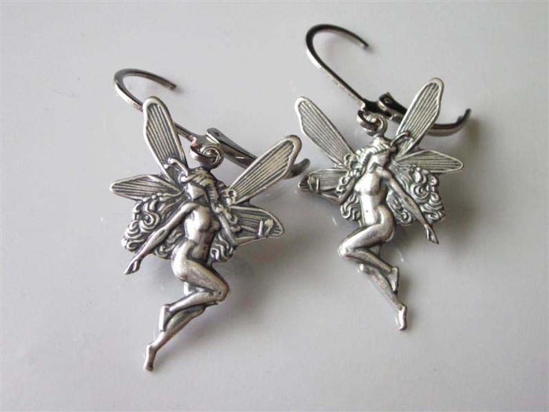 Fairy Earrings, Antiqued Silver Faerie Dangle, Leverback Faery Earrings, Brass Metal, Fairy Charm Dangle Earrings image 3