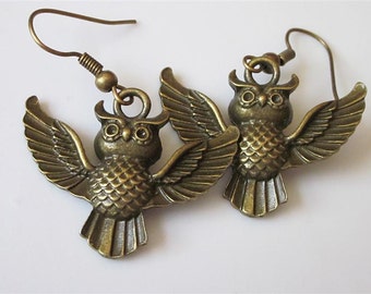 Bronze Flying Halloween Owl Dangle Earrings, Animal Jewelry, Horned Owl, Bird Jewelry, Holiday Earrings