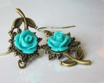 Aqua Flower Earrings, Victorian Earrings, Rose Jewelry Cabochon, Garden Flower, Antiqued Bronze, Flower Shape Dangle