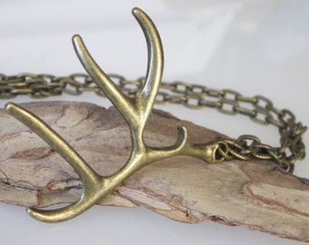 Deer Antler Necklace, Antiqued Bronze, Stag Antler Necklace, Mens Jewelry, Animal Necklace Pendant, Nature Jewelry