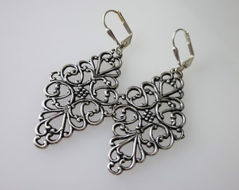 Silver Filigree Dangle Earrings, Victorian Floral Design