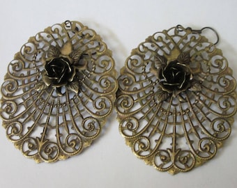 Large Oval Filigree Earrings, Brass Rose, Metal Flower Earrings, Victorian Floral Jewelry