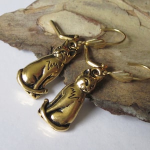 Gold Cat Earrings, Cat Jewelry, Halloween Dangle Earrings, Pewter, Metal Earrings, Animal Jewelry