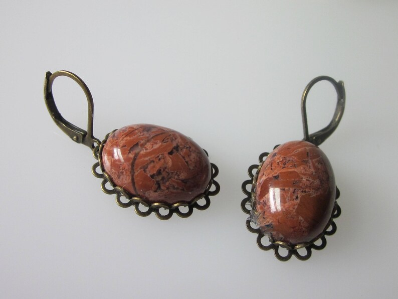 Jasper Earrings, Red Jasper, Gemstone Dangle Earrings, Unique Stone Jewelry, Oval Stone, Antiqued Brass Leverback Ear Wires image 7