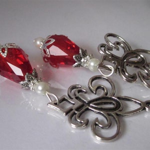 Fleur De Lis Earrings, Red Crystal Teardrop Briolette, Wedding Chandelier, Romantic Earrings, Renaissance Jewelry