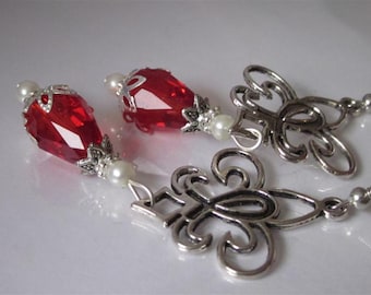 Fleur De Lis Earrings, Red Crystal Teardrop Briolette, Wedding Chandelier, Romantic Earrings, Renaissance Jewelry