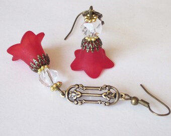 Red Lily Earrings, Victorian Garden Flower Earrings, Antiqued Gold Brass Filigree Earrings