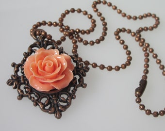 Fall Pendant Necklace, Rose Pendant, Antiqued Copper Filigree, Orange Wedding Jewelry