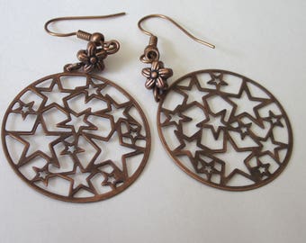 Filigree Star Earrings, Antiqued Copper, Round Lightweight Dangle, Star Jewelry