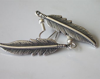 Antiqued Silver Feather Earrings, Dangle, Medium, Metal Feather Earrings