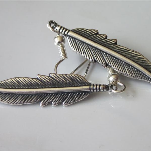 Antiqued Silver Feather Earrings, Dangle, Medium, Metal Feather Earrings