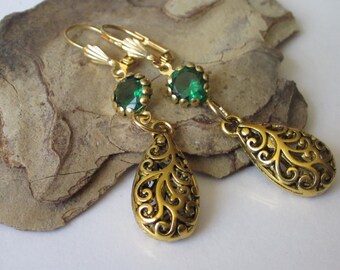 Gold Filigree Wedding Earrings, Green Rhinestone Chandelier Earrings, Boho Teardrop, Bridal Jewelry