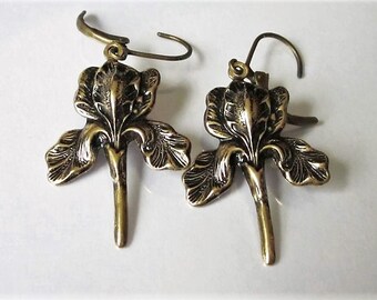 Garden Flower Earrings, Blue Flag Iris, Antiqued Gold Metal Dangle, Victorian Floral, Spring Flower Brass Stamping