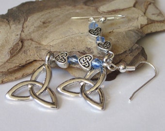 Celtic Dangle Earrings, Silver Triquetra, Celtic Knot, Swarovski Crystal, Celtic Hearts