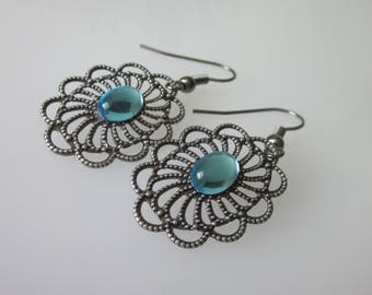 Filigree Earrings, Lacy Oval Filigree, Antiqued Silver Victorian Dangle, Blue Rhinestone Earrings, Filigree Jewelry