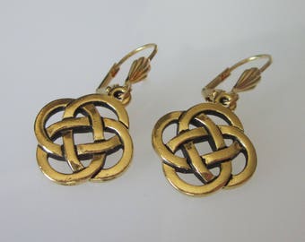 Gold Celtic Earrings, Open Celtic Knot, Celtic Knot Jewelry, Lead Free Pewter Metal Drop, Lever back Dangle Earrings
