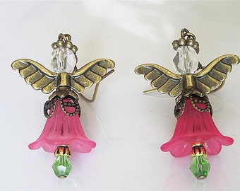 Pink Floral Dangle Earrings, Floral Fairy Earrings, Beaded Pink Fairy Flower Earrings, Angel Earrings, Faery Folk,