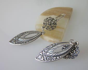 Celtic Chandelier Earrings, Brass Earrings, Antiqued Silver & Black, Marquise Shaped, Floral Filigree, Brass Metal Stampings, Metal Earrings