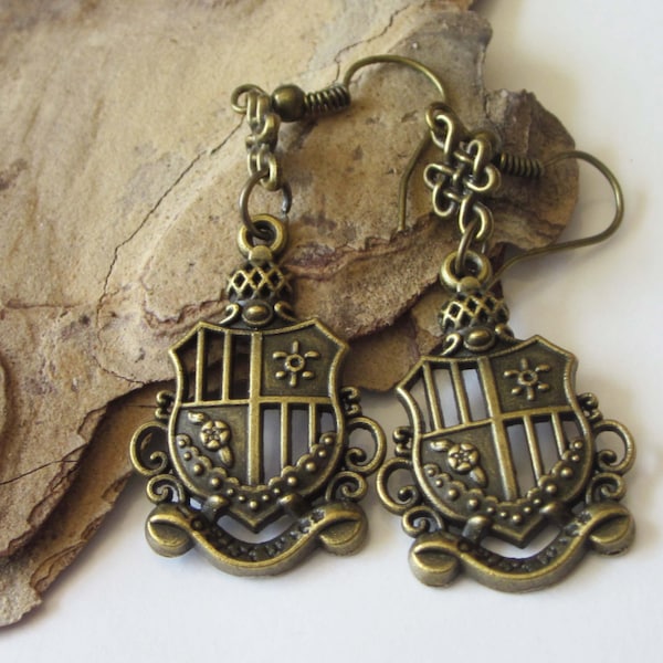 Medieval Earrings, Coat of Arms, Renaissance Earrings, Antiqued Brass, Celtic Knot, Shield Dangle, Warrior Jewelry, Family History