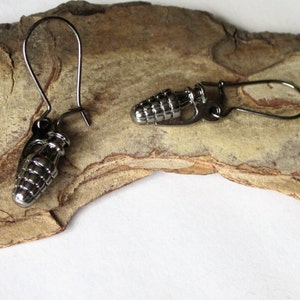 Miniature Hand Grenade Earrings, Medium Black Gunmetal Charm Earrings, Pineapple Hand Grenade, Military Explosive Weapons Earrings image 2