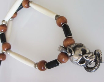 Mens Goth Skull Necklace, Silver Pewter,  1 1/ 2" White Bone Beads, 19" Black Leather Cord Beaded  Necklace, Unisex Jewelry