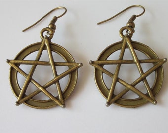 Pentacle Earrings, Protection Jewelry, Antiqued Bronze Star,  Vintage Inspired Rustic Dangle, Star Jewelry