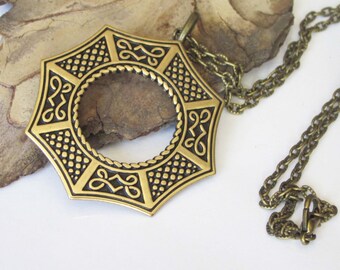 Celtic Pendant Necklace, Gold and Black Brass Necklace, Metal Pendant, Unisex Jewelry, Mens Celtic Medallion