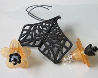 Modern Flower Earrings, Black and Orange Halloween Chandelier Earrings, Leaf Marquise Ear Wires, Long Filigree Earrings, Abstract Jewelry