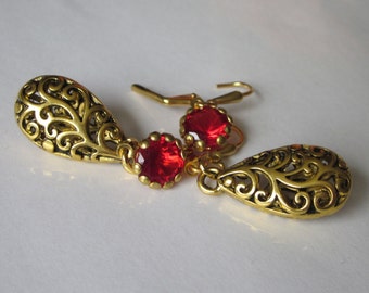 Gold Filigree Teardrop Chandelier Earrings, Red Rhinestone Holiday Earrings, Elegant Jewelry, Gold Christmas Earrings