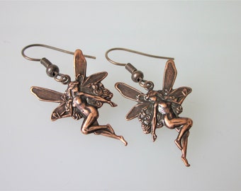 Copper Fairy Earrings, Faery Earrings, Brass Metal, Fairy Charm, Wee Folk Dangle Earrings, Woodland Flying Faery Dangles